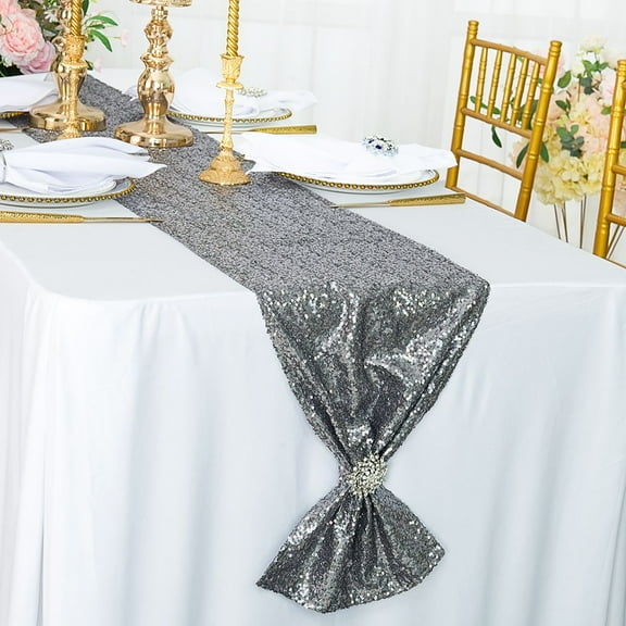 Wedding Linens Inc. 12"x108" Sequin Taffeta Table Runner for Wedding, Luxury Events, Party use - Silver