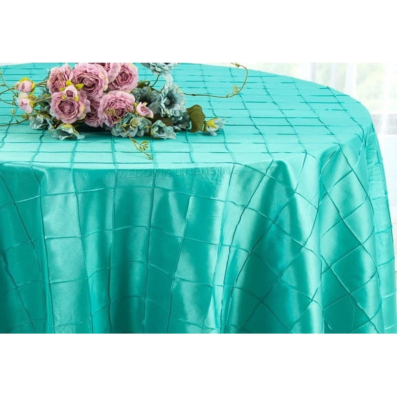 Wedding Linens Inc. 120" Pintuck Taffeta Seamless Linen Tableccloth for Party Wedding Reception Catering Dining Home Table Cover Linens - Pool Blue