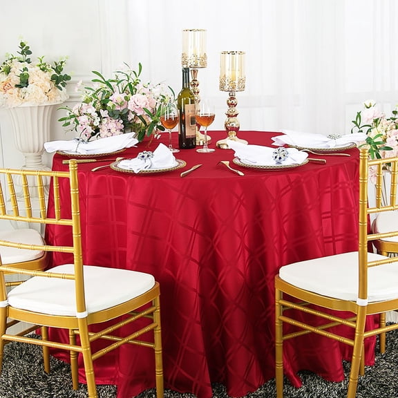 Wedding Linens Inc. 120" Plaid Checkered Pattern Design Polyester Jacquard Round Seamless Linen Tablecloth Table Covers Linens - Apple Red