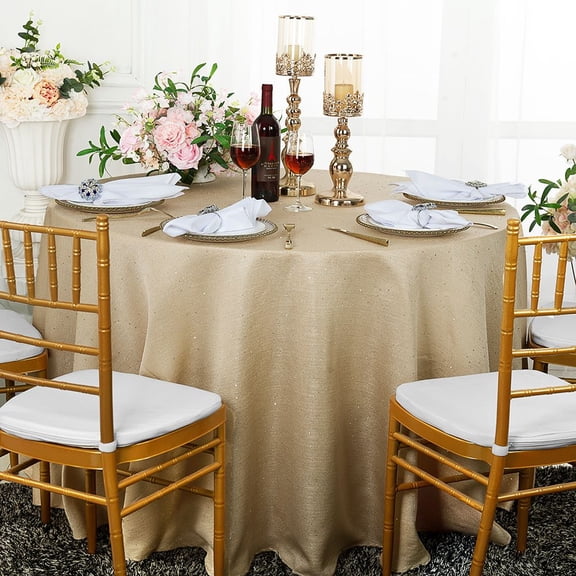 Wedding Linens Inc. 120" Round Paillette Poly Flax / Burlap Sequins Hessian Tablecloths Table Covers for Wedding Party Events Luxury Dcor use - Champagne