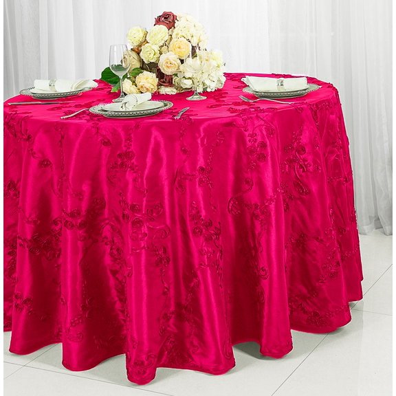 Wedding Linens Inc. 120" Round Seamless Ribbon Taffeta Tablecloth for Wedding, Luxury Events, Party use - Fuchsia