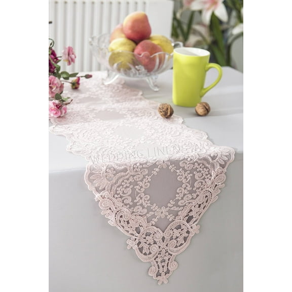 Wedding Linens Inc. 13" x 108" Floral Corded Lace Embroidered Table Runner - Blush Pink