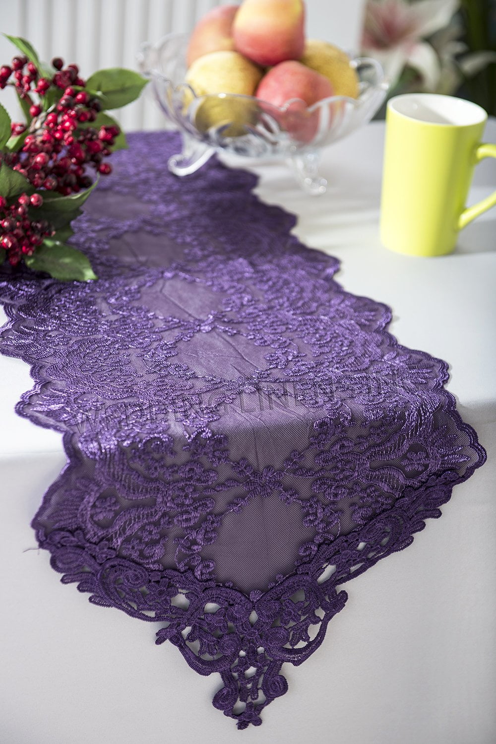 Wedding Linens Inc. 13" x 108" Floral Corded Lace Embroidered Table Runner - Eggplant / Dark Purple