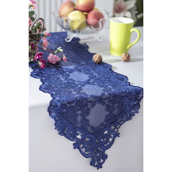 Wedding Linens Inc. 13" x 108" Floral Corded Lace Embroidered Table Runner - Navy Blue