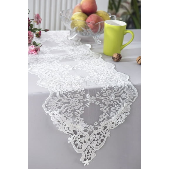 Wedding Linens Inc. 13" x 108" Floral Corded Lace Embroidered Table Runner - White