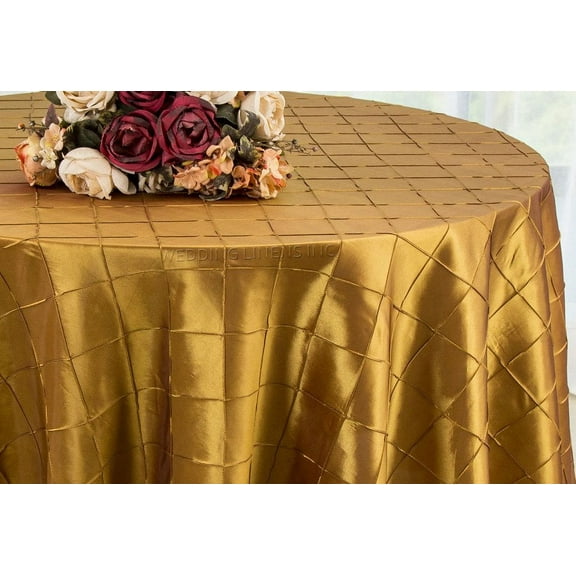 Wedding Linens Inc. 132" Pintuck Taffeta Round Linen Tableccloth for Party Wedding Reception Catering Dining Home Table Cover Linens - Gold