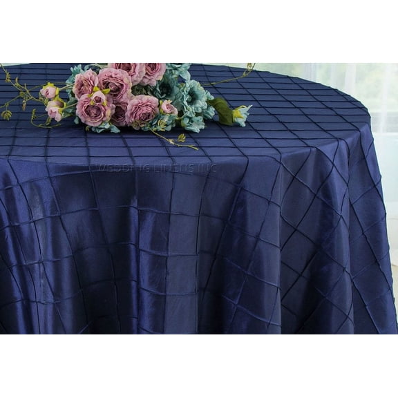 Wedding Linens Inc. 132" Pintuck Taffeta Round Linen Tableccloth for Party Wedding Reception Catering Dining Home Table Cover Linens - Navy Blue