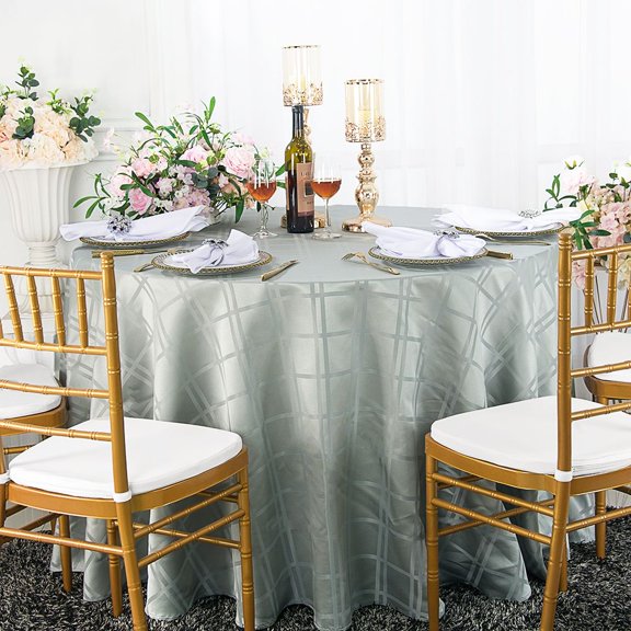 Wedding Linens Inc. 132" Plaid Checkered Pattern Design Polyester Jacquard Round Seamless Linen Tablecloth Table Covers Linens - Silver