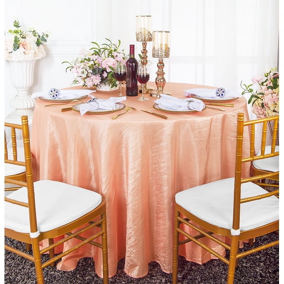 Wedding Linens Inc. 132" Round Crushed Taffeta Tablecloth Crinkle Taffeta Tablecloths Table Cover Linens for Wedding, Events, Decorations - Apricot / Peach