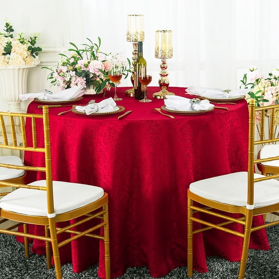 Wedding Linens Inc. 132" Round Damask Marquis Damask Jacquard Polyester Linen Tablecloth Table Covers with Seamless Design - Apple Red