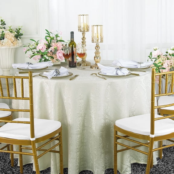 Wedding Linens Inc. 132" Round Damask Marquis Damask Jacquard Polyester Linen Tablecloth Table Covers with Seamless Design - Ivory