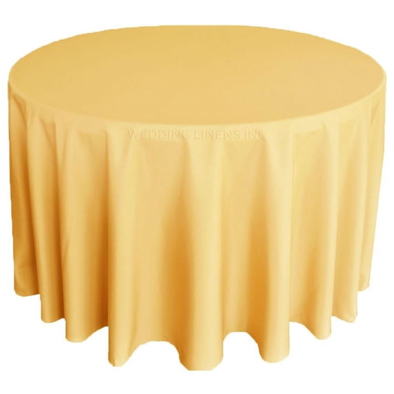 Wedding Linens Inc. 132'' Round Premium (200 GSM) Polyester Linen Tablecloth - Gold