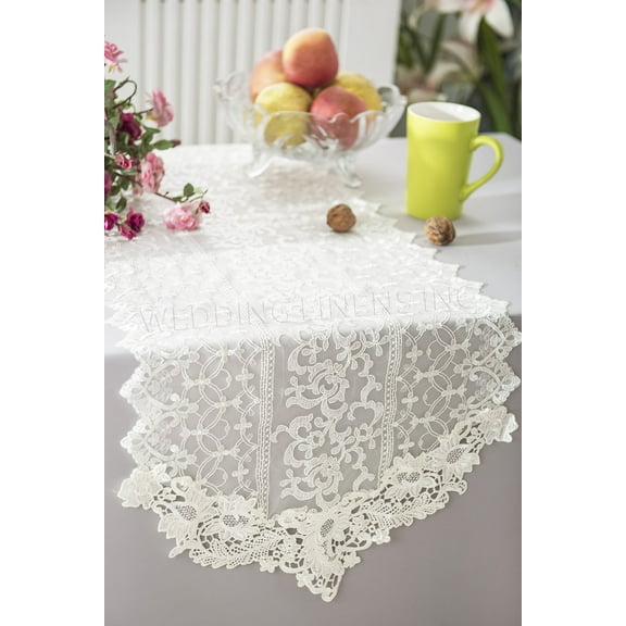 Wedding Linens Inc. 16" x 108" Vintage Chantilly Lace Embroidered Table Runner - Ivory