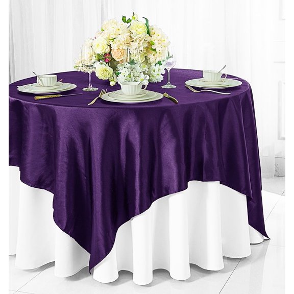 Wedding Linens Inc. (2 pcs) 54 inch Satin Square Table Overlay Topper - EggPlant
