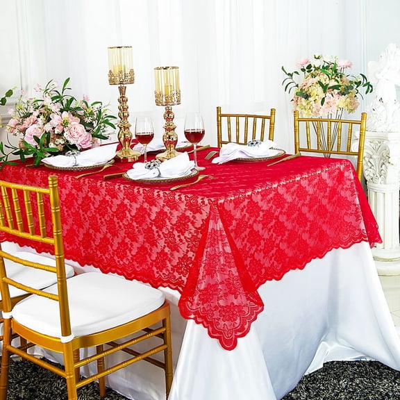 Wedding Linens Inc. 54" x 108" Rectangular Lace Table Overlays, Lace Tablecloths, Lace Table Overlay Linens, Lace Table Toppers for Wedding Decorations, Events Banquet Party (1pc) - Red