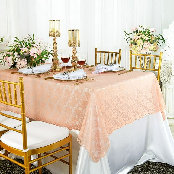 Wedding Linens Inc. 54" x 108" Rectangular Lace Table Overlays, Lace Tablecloths, Lace Table Overlay Linens, Lace Table Toppers for Wedding Decorations, Events Banquet (1pc) - Apricot / Peach