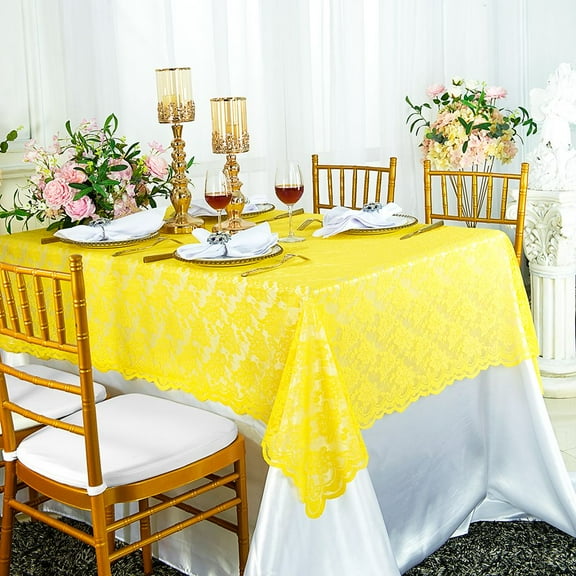 Wedding Linens Inc. 54" x 108" Rectangular Lace Table Overlays, Lace Tablecloths, Lace Table Overlay Linens, Lace Table Toppers for Wedding Decorations, Events Banquet (1pc) - Canary Yellow