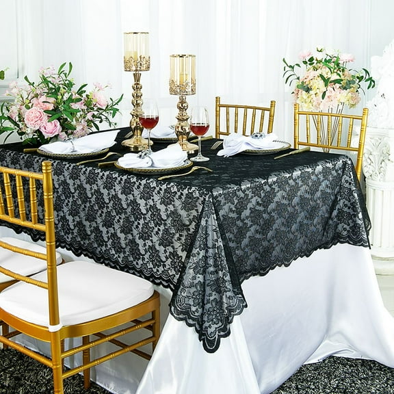 Wedding Linens Inc. 54" x 108" Rectangular Lace Table Overlays, Lace Tablecloths, Lace Table Overlay Linens, Lace Table Toppers for Wedding Decorations, Events Banquet Party (1pc) - Black