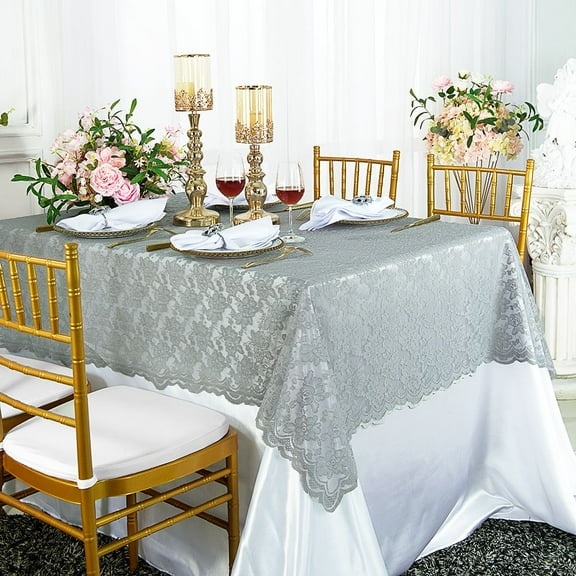 Wedding Linens Inc. 54" x 108" Rectangular Lace Table Overlays, Lace Tablecloths, Lace Table Overlay Linens, Lace Table Toppers for Wedding Decorations, Events Banquet Party (1pc) - Silver