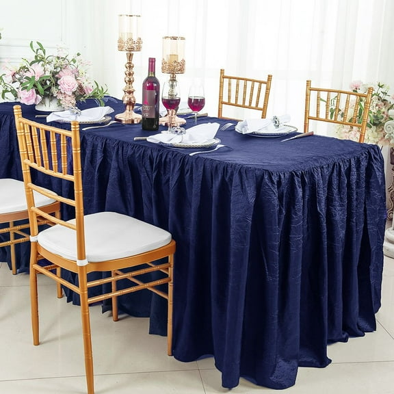 Wedding Linens Inc. 6' ft (30"x72") Rectangular Ruffled Fitted Crushed Crinkle Taffeta Tablecloth With Skirt for Party, wedding, events, dcor - Navy Blue