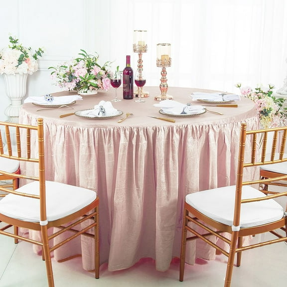 Wedding Linens Inc. 60"W x 30"H Round Ruffled Fitted Crushed Crinkle Taffeta Tablecloth Table Cover Linens With Skirt - Blush Pink