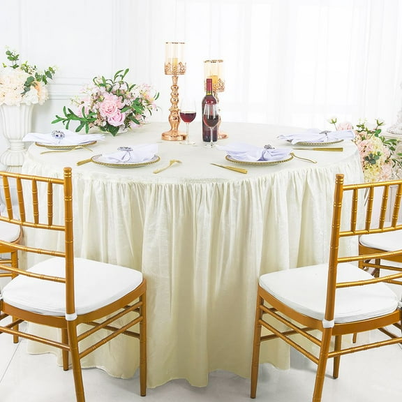 Wedding Linens Inc. 60"W x 30"H Round Ruffled Fitted Crushed Crinkle Taffeta Tablecloth Table Cover Linens With Skirt - Ivory