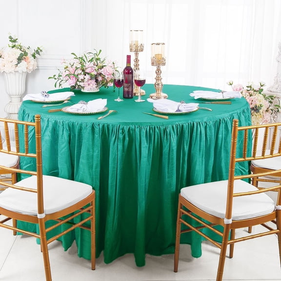 Wedding Linens Inc. 60"W x 30"H Round Ruffled Fitted Crushed Crinkle Taffeta Tablecloth Table Cover Linens With Skirt - Jade/ Teal