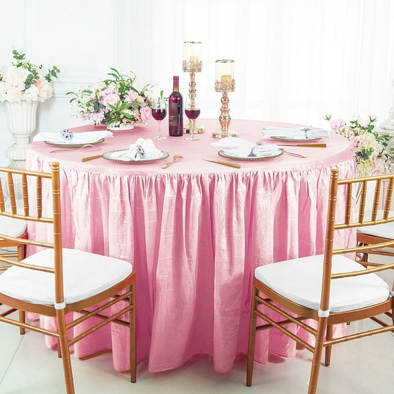 Wedding Linens Inc. 60"W x 30"H Round Ruffled Fitted Crushed Crinkle Taffeta Tablecloth Table Cover Linens With Skirt - Pink