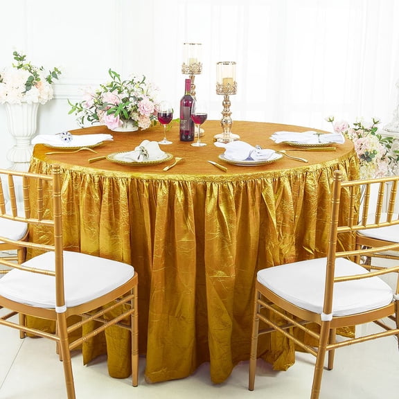 Wedding Linens Inc. 60"W x 30"H Round Ruffled Fitted Crushed Crinkle Taffeta Tablecloth Table Cover Linens With Skirt - White