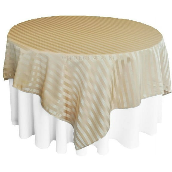 Wedding Linens Inc. 72" Square Striped Damask Jacquard Polyester Table Overlays - Champagne