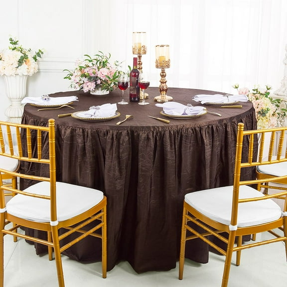 Wedding Linens Inc. 72"W x 30"H Round Ruffled Fitted Crushed Crinkle Taffeta Tablecloth Table Cover Linens With Skirt - Chocolate