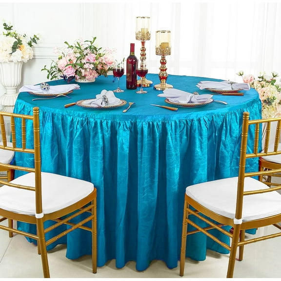 Wedding Linens Inc. 72"W x 30"H Round Ruffled Fitted Crushed Crinkle Taffeta Tablecloth Table Cover Linens With Skirt - Turquoise