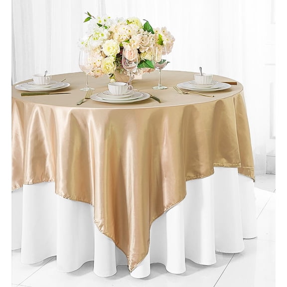 Wedding Linens Inc. 72 inch Square Satin Table Overlay Topper - Champagne