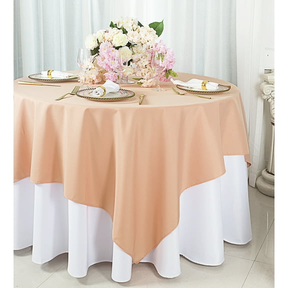 Wedding Linens Inc. 72" x 72" Square Polyester Table Overlays Toppers - Apricot / Peach