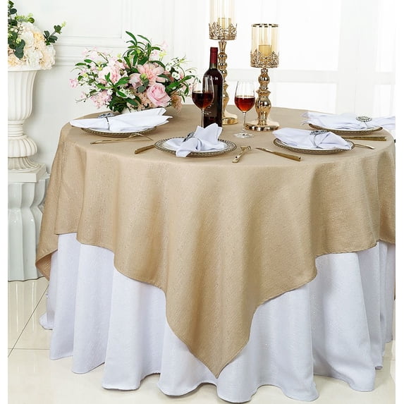 Wedding Linens Inc. 72'' x 72'' Square Sequins Paillette Burlap/Flax Hessian Polyester Table Overlays, Table Toppers, Tablecloths for Wedding Party Events Luxury Décor use - Champagne