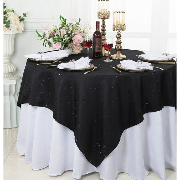 Wedding Linens Inc. 72'' x 72'' Square Sequins Paillette Burlap/Flax Hessian Polyester Table Overlays, Table Toppers, Tablecloths for Wedding Party Events Luxury Dcor use - Black