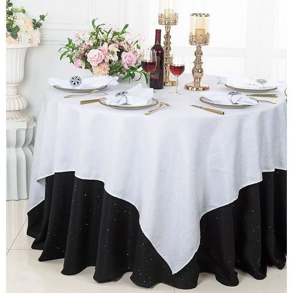 Wedding Linens Inc. 72'' x 72'' Square Sequins Paillette Burlap/Flax Hessian Polyester Table Overlays, Table Toppers, Tablecloths for Wedding Party Events Luxury Dcor use - White