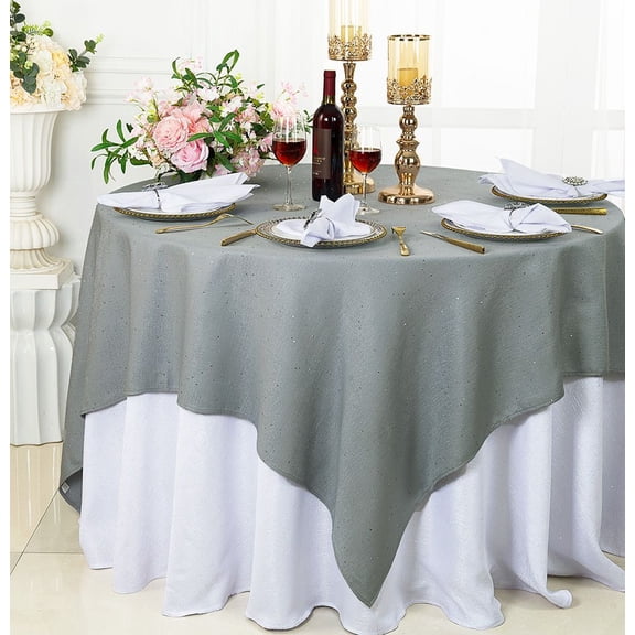 Wedding Linens Inc. 72'' x 72'' Square Sequins Paillette Burlap/Flax Hessian Polyester Table Overlays, Table Toppers, Tablecloths for Wedding Party Events Luxury Dcor use - Silver
