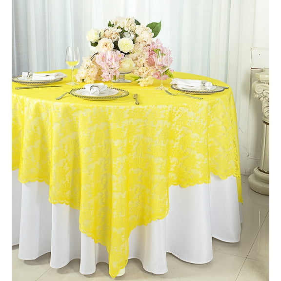 Wedding Linens Inc. 72 in x 72 in Lace Table Overlays, Lace Tablecloths Square, Lace Table Overlay Linens, Lace Table Toppers for Wedding Decorations, Events Banquet Party (1pc) - Canary Yellow