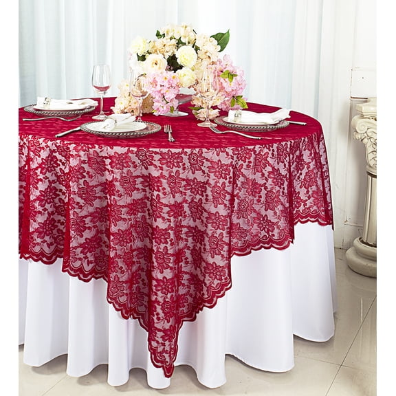 Wedding Linens Inc. 72 in x 72 in Lace Table Overlays, Lace Tablecloths Square, Lace Table Overlay Linens, Lace Table Toppers for Wedding Decorations, Events Banquet Party Supplies (1pc) - Apple Red