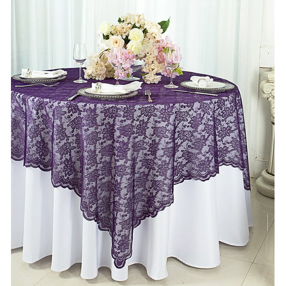 Wedding Linens Inc. 72 in x 72 in Lace Table Overlays, Lace Tablecloths Square, Lace Table Overlay Linens, Lace Table Toppers for Wedding Decorations, Events Banquet Party Supplies (1pc) - Eggplant