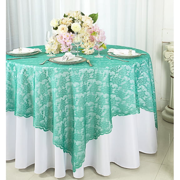 Wedding Linens Inc. 72 in x 72 in Lace Table Overlays, Lace Tablecloths Square, Lace Table Overlay Linens, Lace Table Toppers for Wedding Decorations, Events Banquet Party Supplies (1pc) - Jade