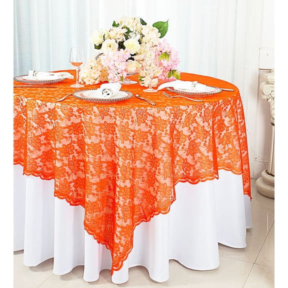 Wedding Linens Inc. 72 in x 72 in Lace Table Overlays, Lace Tablecloths Square, Lace Table Overlay Linens, Lace Table Toppers for Wedding Decorations, Events Banquet Party Supplies (1pc) - Orange