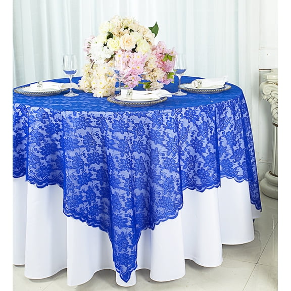 Wedding Linens Inc. 72 in x 72 in Lace Table Overlays, Lace Tablecloths Square, Lace Table Overlay Linens, Lace Table Toppers for Wedding Decorations, Events Banquet Party Supplies (1pc) - Royal Blue