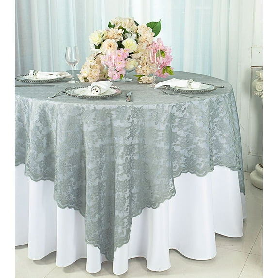 Wedding Linens Inc. 72 in x 72 in Lace Table Overlays, Lace Tablecloths Square, Lace Table Overlay Linens, Lace Table Toppers for Wedding Decorations, Events Banquet Party Supplies (1pc) - Silver