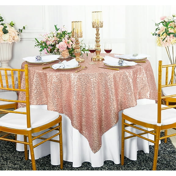 Wedding Linens Inc. 72" x72" Square Sequin Table Overlay Toppers Tablecloth - Blush Pink / Rose Gold