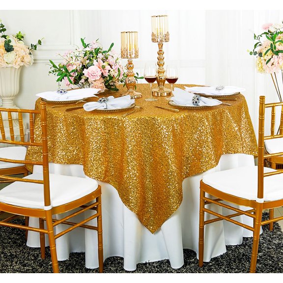 Wedding Linens Inc. 72" x72" Square Sequin Table Overlay Toppers Tablecloth - Gold
