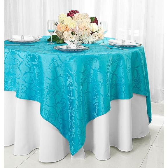 Wedding Linens Inc. 72"x72" Square Versailles Damask Jacquard Polyester Linen Tablecloth Table Overlays Toppers - Turquoise