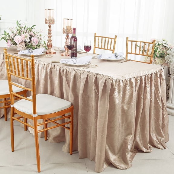 Wedding Linens Inc. 8' (96"x30") Rectangular Ruffled Fitted Crushed Crinkle Taffeta Tablecloth With Skirt - Champagne