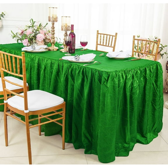 Wedding Linens Inc. 8' (96"x30") Rectangular Ruffled Fitted Crushed Crinkle Taffeta Tablecloth With Skirt - Emerald Green